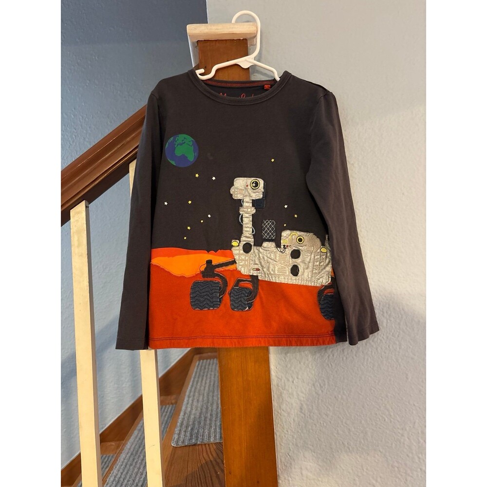 Mini Boden Space T-shirt 7/8 Boys  Applique Long Sleeve NASA Rover Moon Earth
